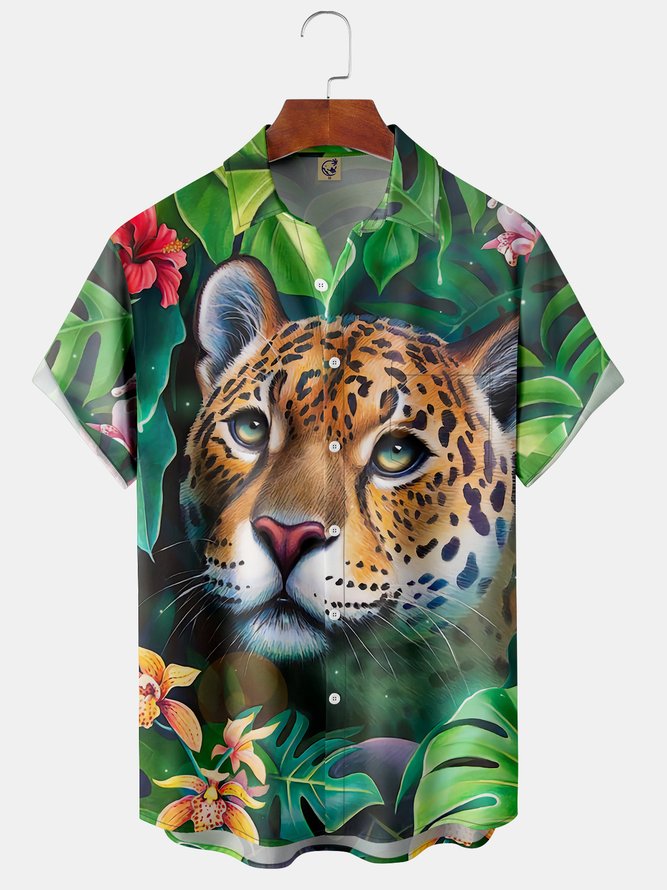 Tropiacal Leopard Chest Pocket Short Sleeve Hawaiian Shirt
