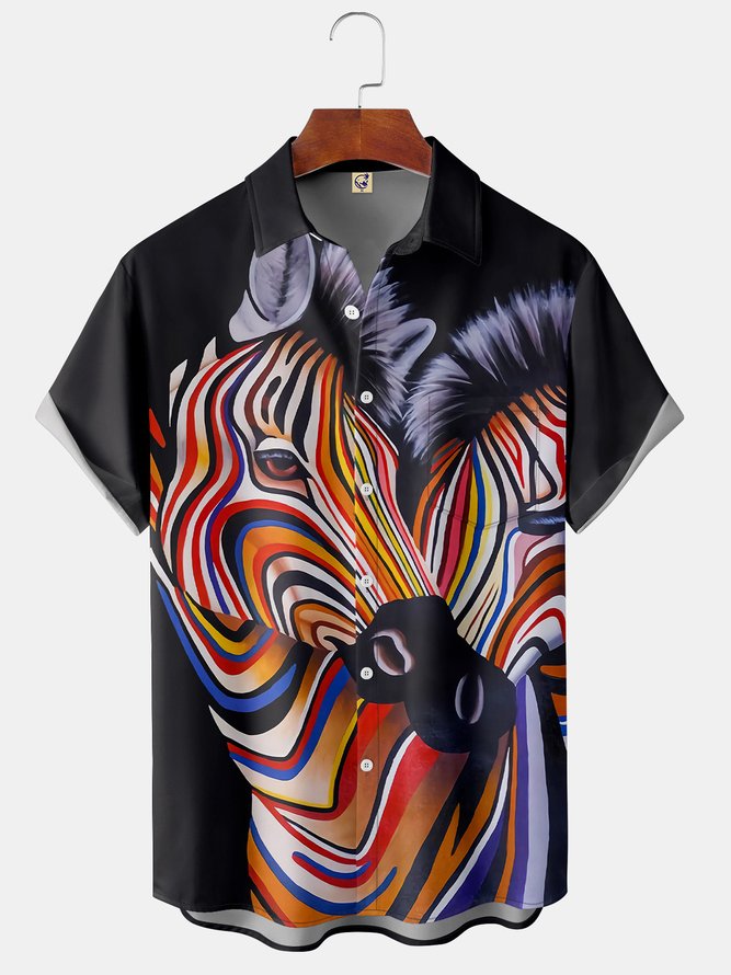 Zebra Art Painting Chest Pocket Short Sleeve Casual Shirt