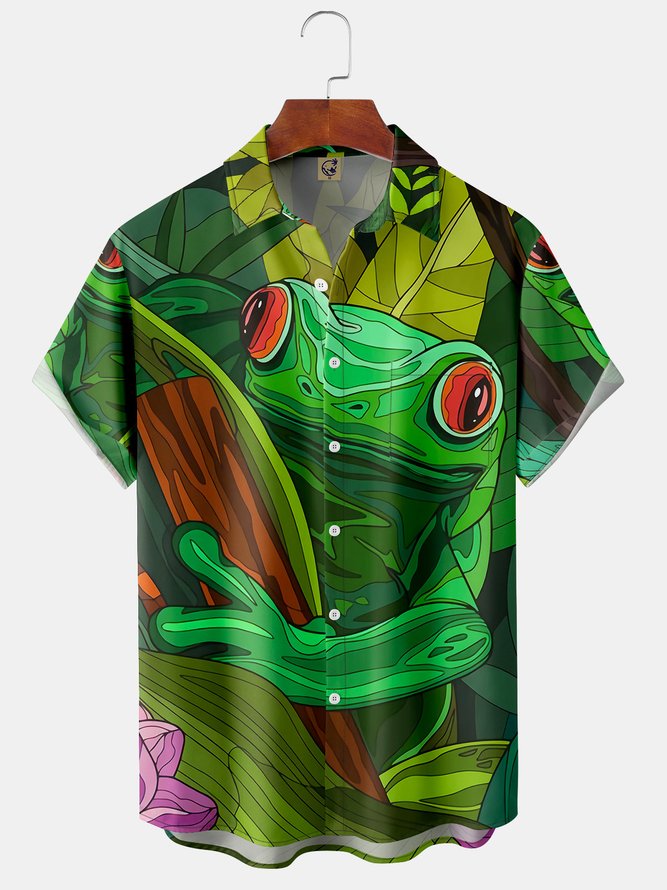 Frog Chest Pocket Short Sleeve Casual Shirt