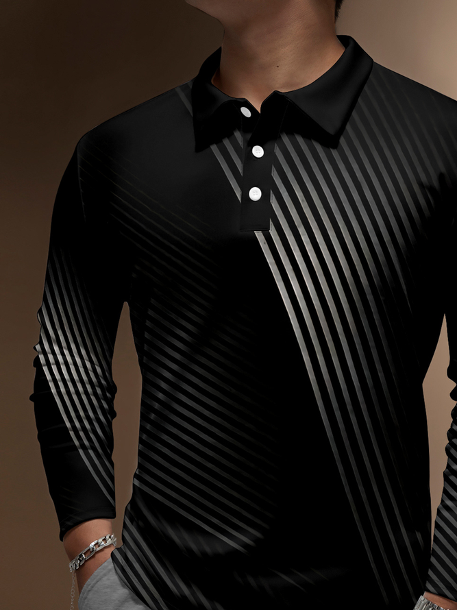 Gradient Abstract Striped Buttons Long Sleeve Polo