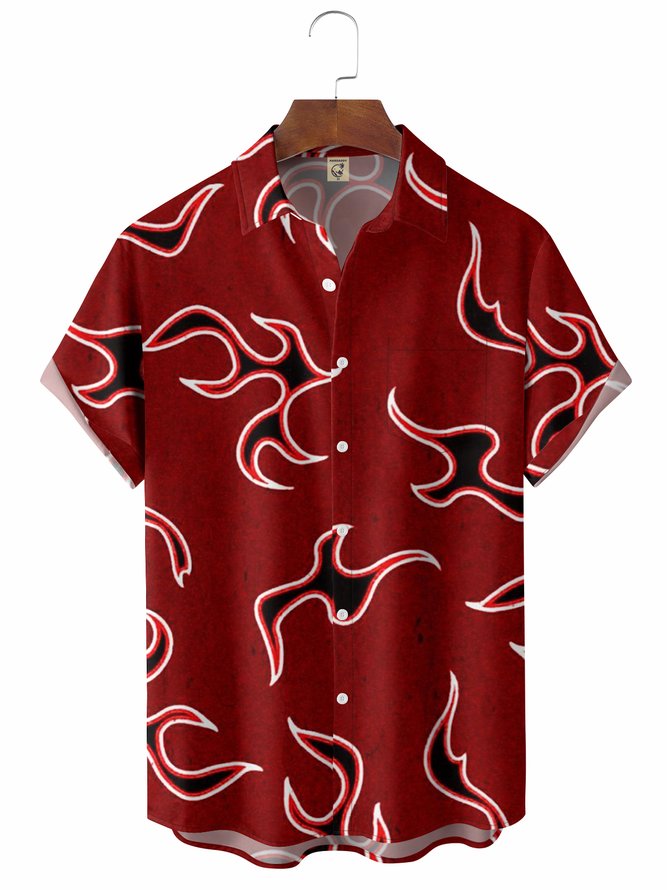Fire Flame Chest Pocket Short Sleeve Casual Shirt