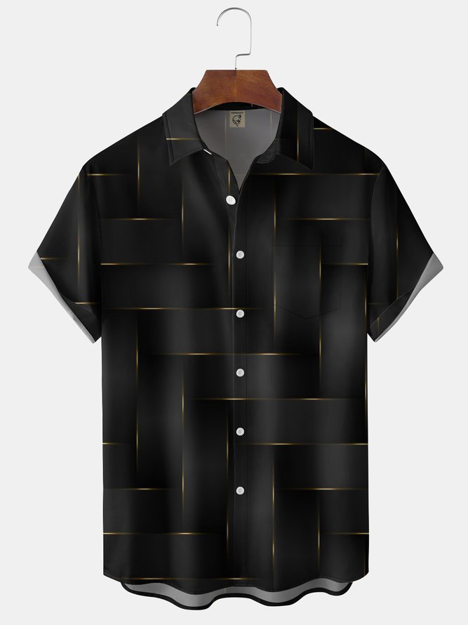 Black Gold Geometric Pattern Chest Pocket Short Sleeve Casual Shirt