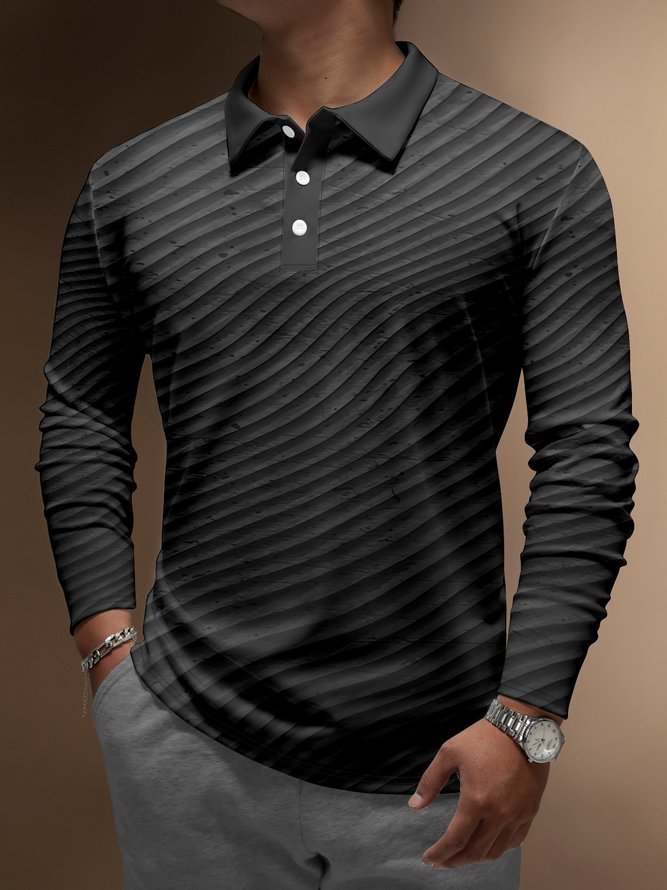 3D Gradient Striped Buttons Long Sleeve Polo