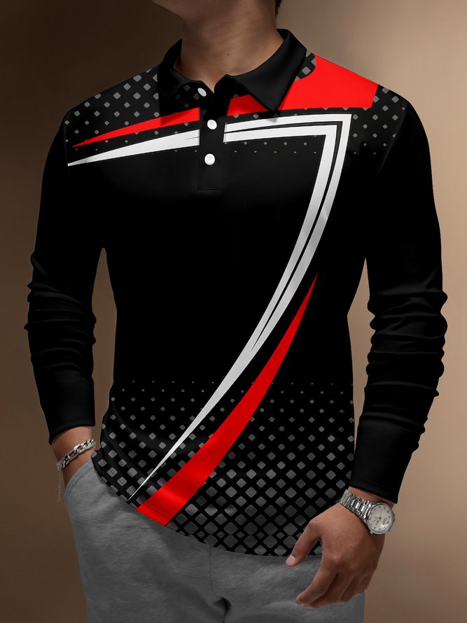 Geometric Color-block Buttons Long Sleeve Polo