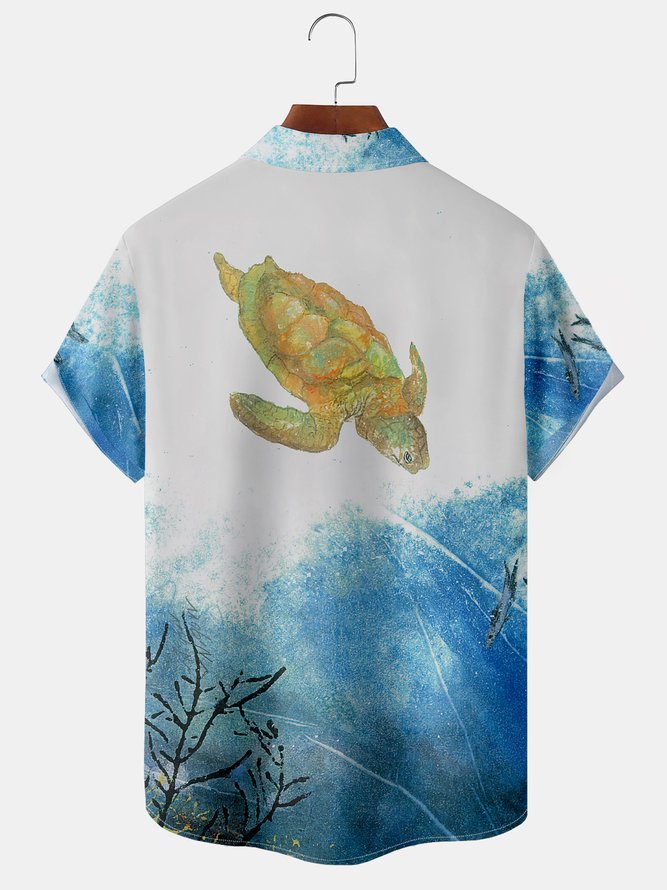 Watercolor Sea Turtle Chest Pocket Short Sleeve Hawaiian Shirt