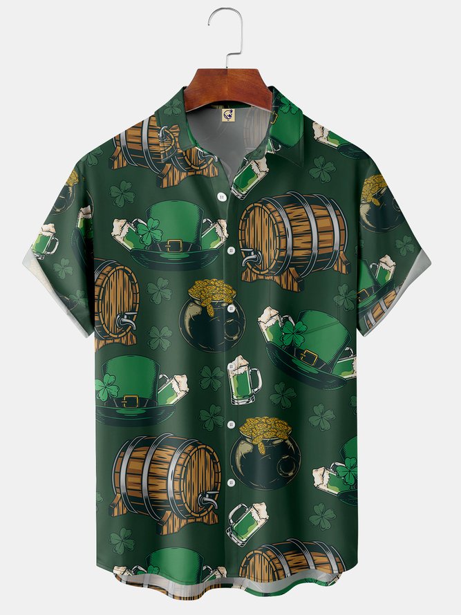 Beer Four-Leaf Clover Chest Pocket Short Sleeve Shirt