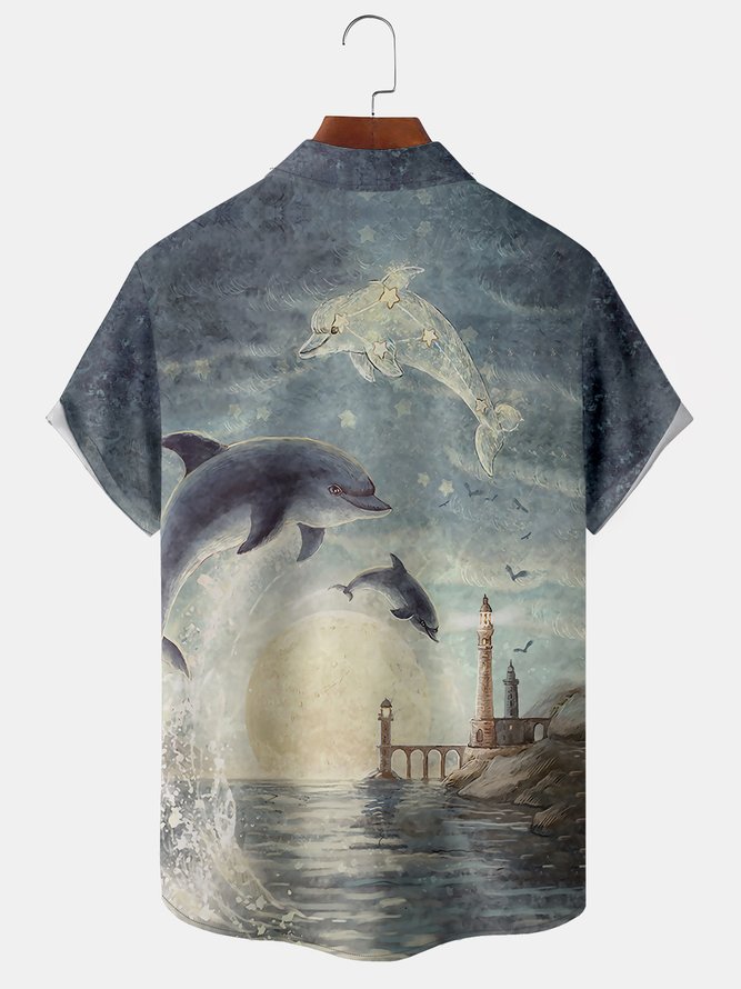Art Painting Dolphin Chest Pocket Short Sleeve Hawaiian Shirt
