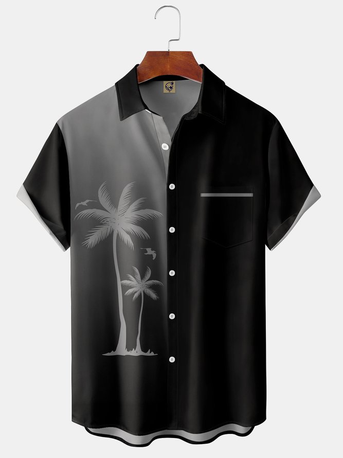 Gradient Coconut Tree Chest Pocket Short Sleeve Shirt