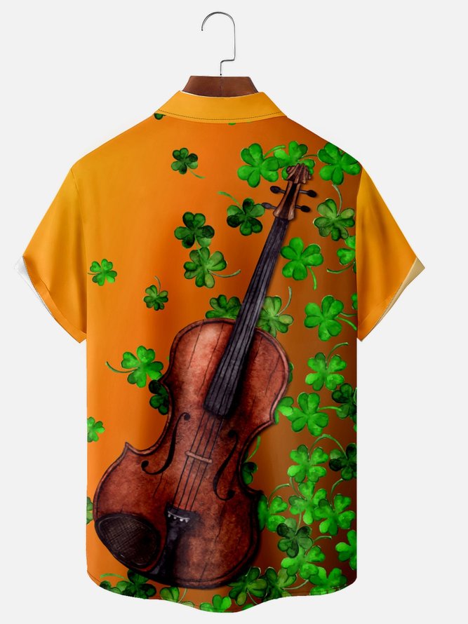St Patricks Day Clover Guitar Chest Pocket Short Sleeve Shirt