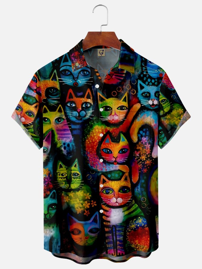 Cats Painting Chest Pocket Short Sleeve Casual Shirt