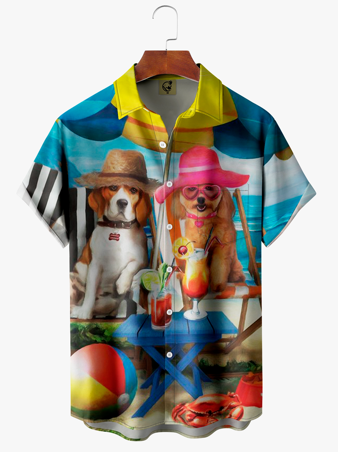 Wonderland Dogs Party Chest Pocket Short Sleeve Hawaiian Shirt