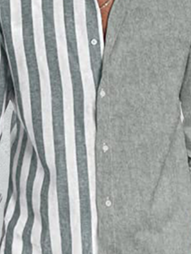 Striped Coior Biock Long Sleeve Casual Shirt