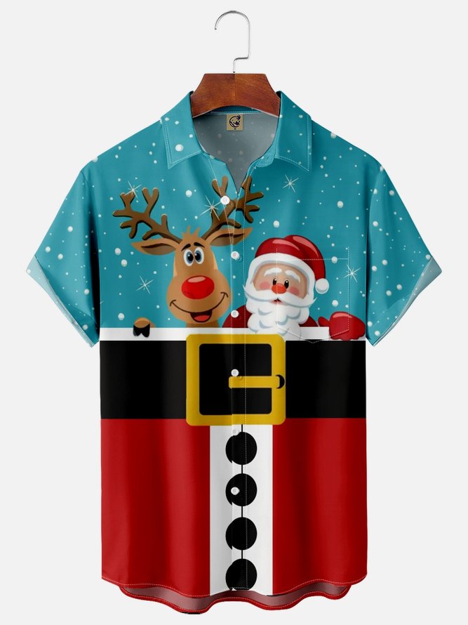 Santa Claus Christmas Deer Chest Pocket Short Sleeve Shirt
