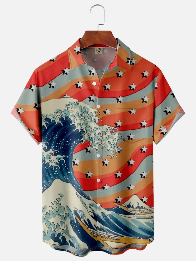 Japanese Ukiyoe Wave Chest Pocket Short Sleeve Shirt