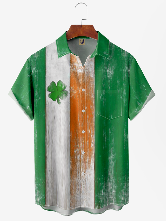 St Patricks Day Clover Chest Pocket Short Sleeve Bowling Shirt