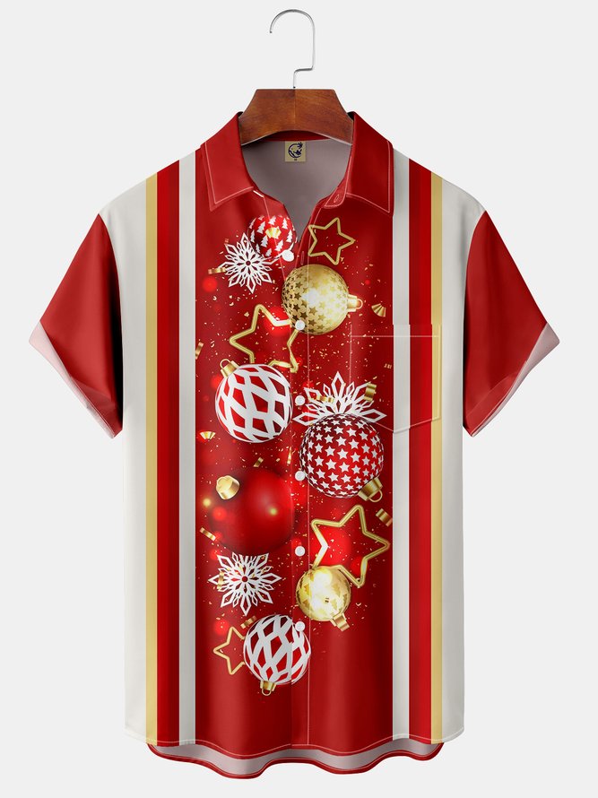 Christmas Ball Snowflake Chest Pocket Short Sleeve Bowling Shirt