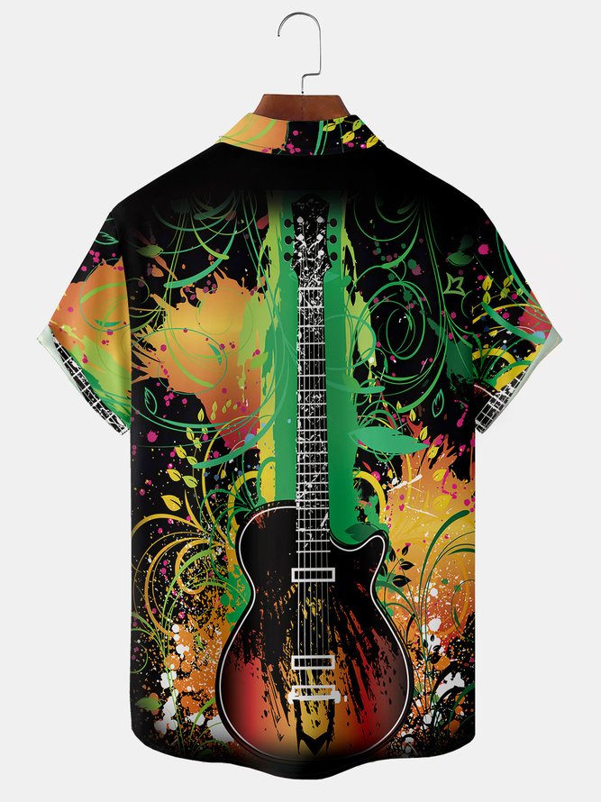 Music Guitar Chest Pocket Short Sleeve Casual Shirt