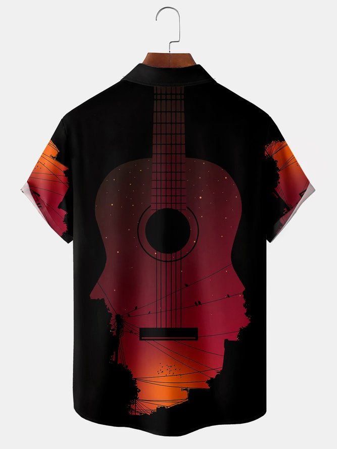 Guitar Printing Chest Pocket Short Sleeve Casual Shirt
