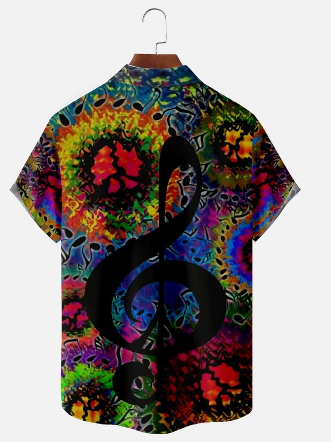 Hippie Music Note Chest Pocket Short Sleeve Casual Shirt