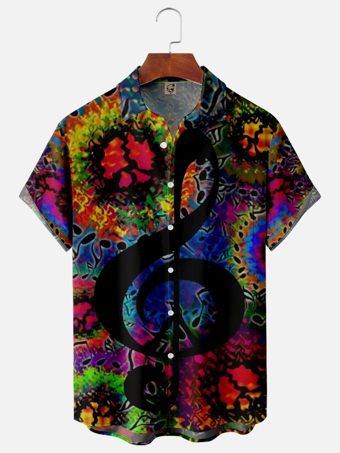Hippie Music Note Chest Pocket Short Sleeve Casual Shirt