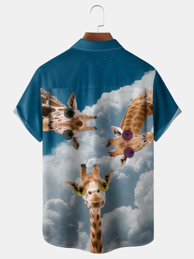 Giraffe Sky Chest Pocket Short Sleeve Hawaiian Shirt