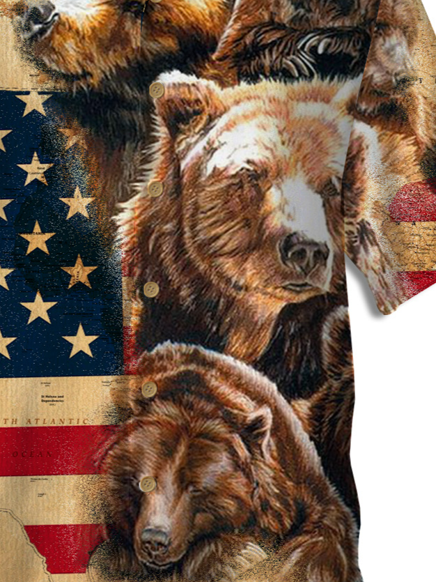 Map American Flag Brown Bear Short Sleeve Shirt