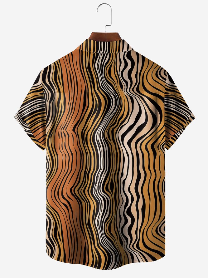 Abstract Tiger Stripe Chest Pocket Short Sleeve Casual Shirt