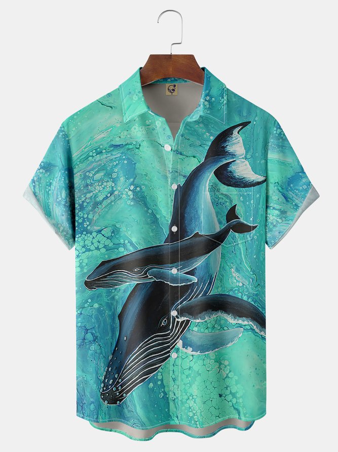 Whale Oil Painting Chest Pocket Short Sleeve Casual Shirt