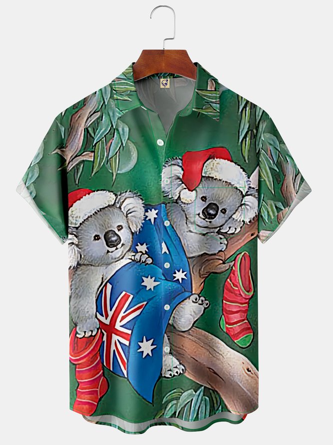 Christmas Koala Chest Pocket Short Sleeve Casual Shirt