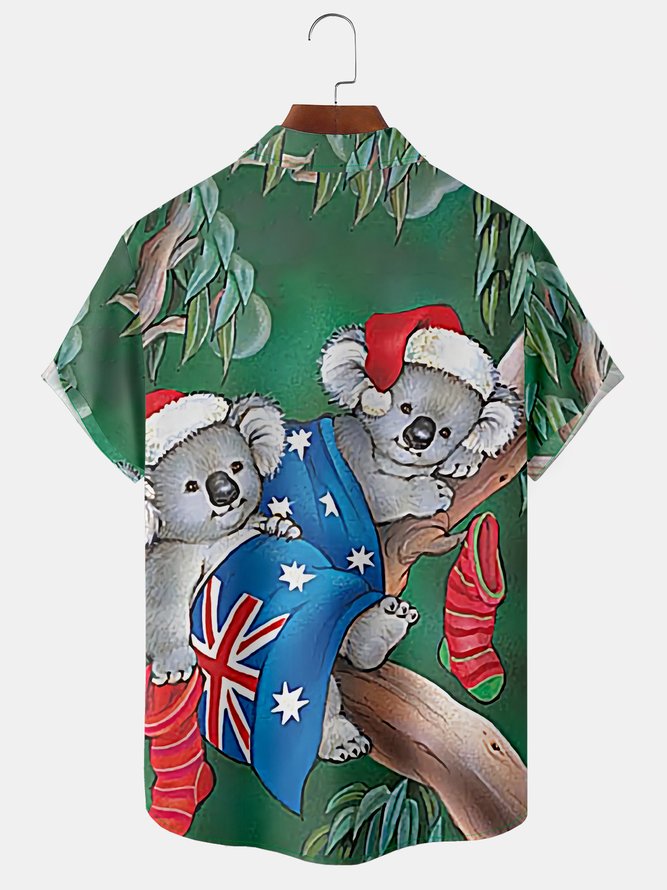 Christmas Koala Chest Pocket Short Sleeve Casual Shirt