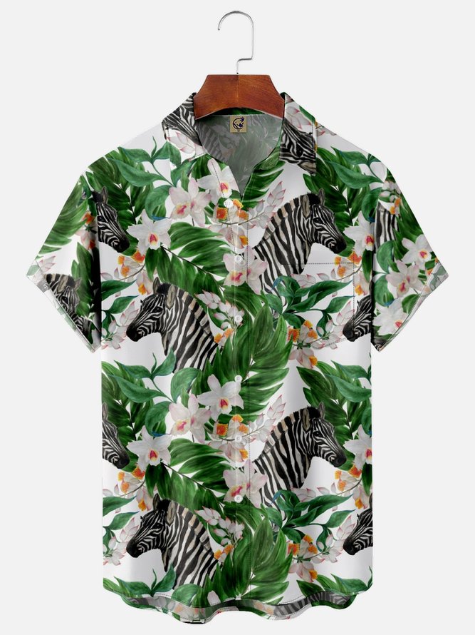 Leaf Zebra Chest Pocket Short Sleeve Hawaiian Shirt