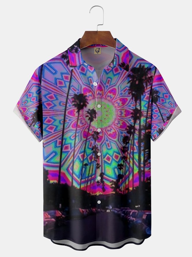 Hippie Coconut Tree Chest Pocket Short Sleeve Hawaiian Shirt