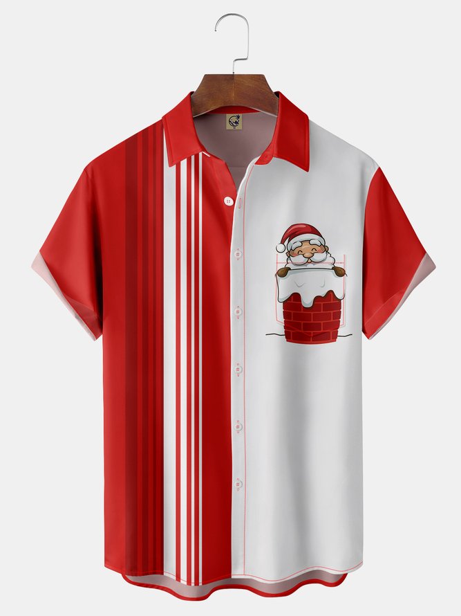 Christmas Santa Claus Chest Pocket Short Sleeve Bowling Shirt