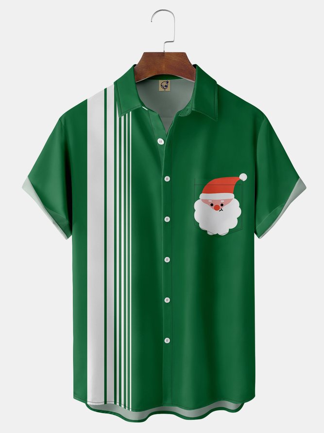 Christmas Santa Claus Chest Pocket Short Sleeve Bowling Shirt