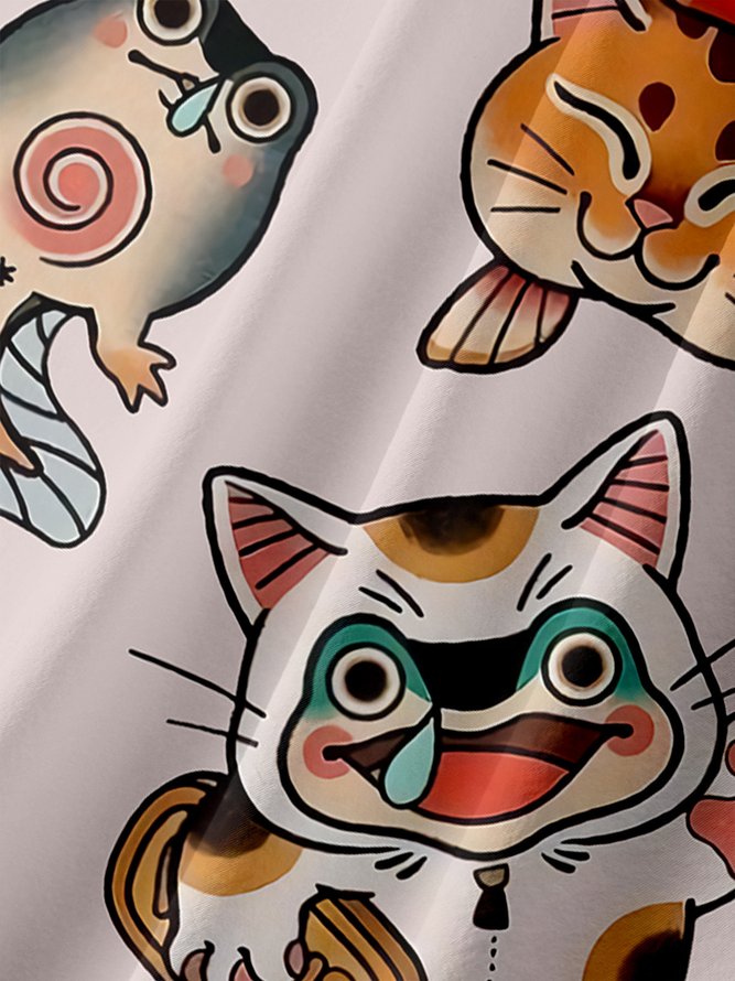 Japanese Cats Chest Pocket Short Sleeve Shirt