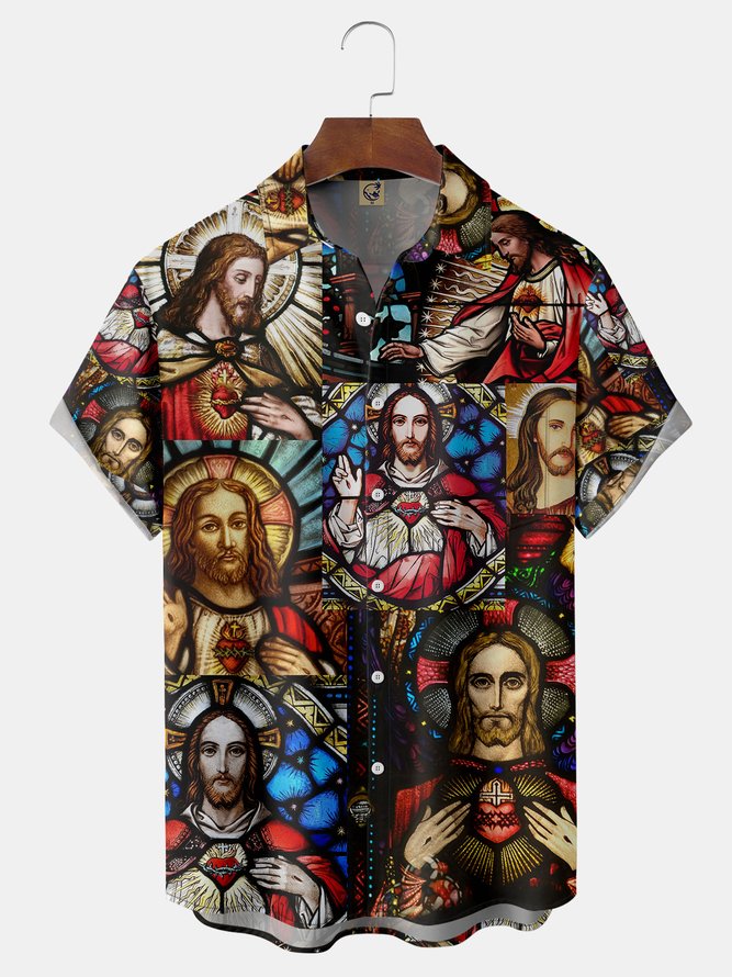 Easter Church Glass Chest Pocket Short Sleeve Shirt