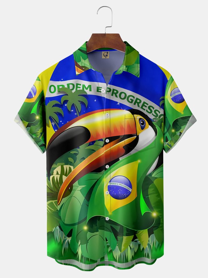 Brazil Soccer Toco Toucan Chest Pocket Short Sleeve Shirt