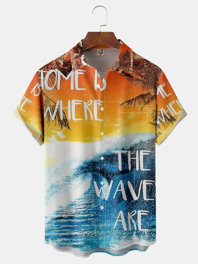 Waves Chest Pocket Short Sleeve Hawaiian Shirt