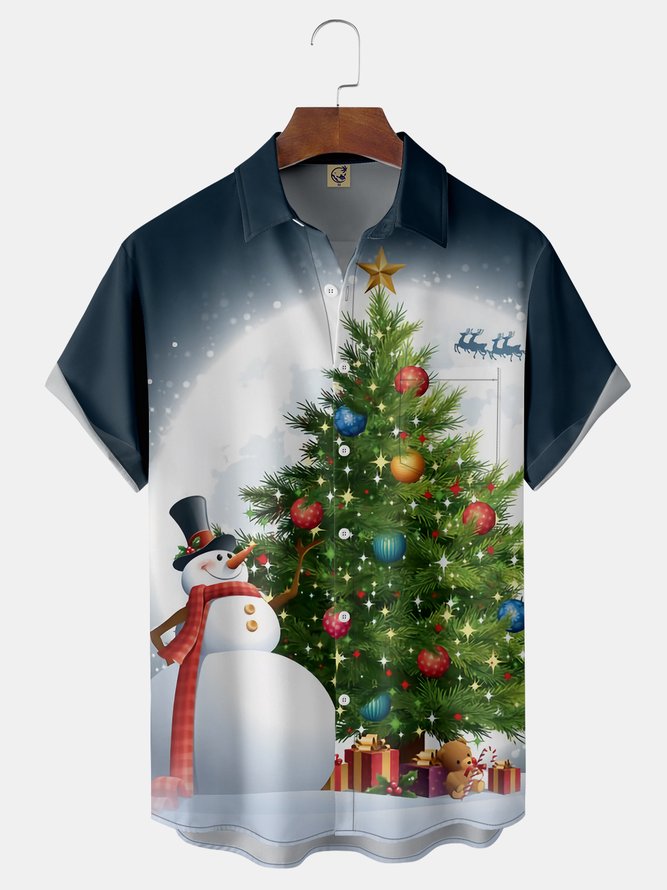 Christmas Snowman Chest Pocket Short Sleeve Shirt