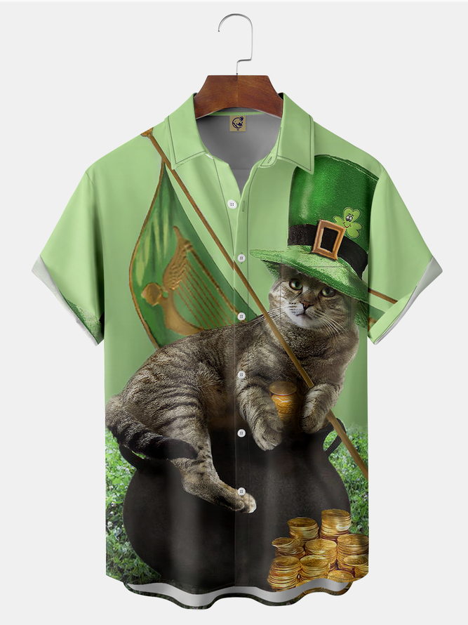 St. Patrick's Day Cat Chest Pocket Short Sleeve Shirt