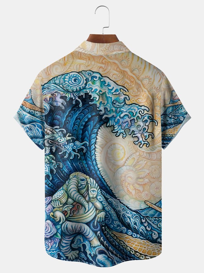 Ukiyo-e Wave Chest Pocket Short Sleeve Hawaiian Shirt