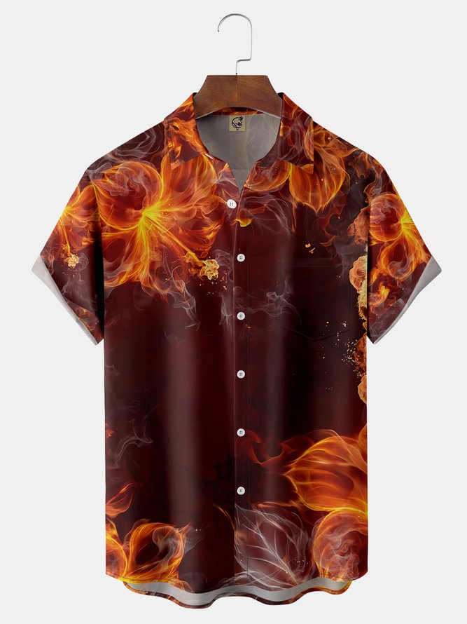Flame Flower Chest Pocket Short Sleeve Shirt