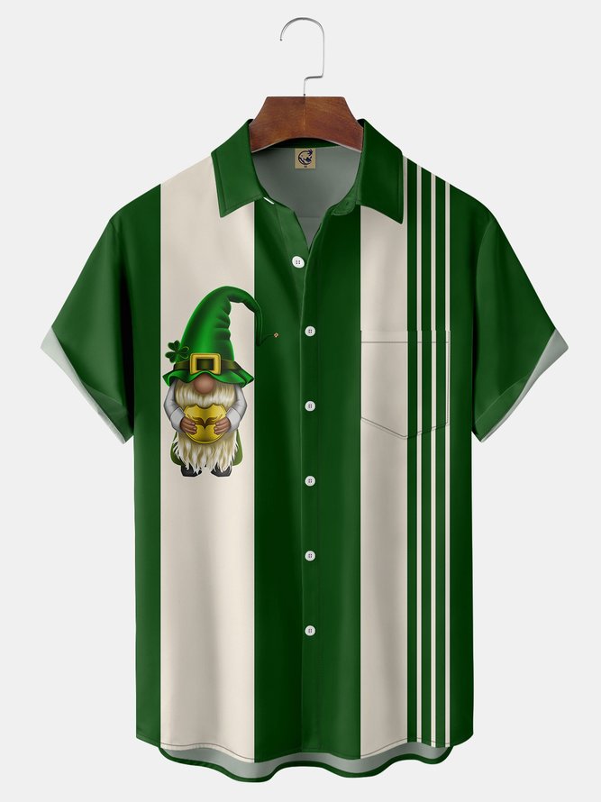 St Patrick‘s Day Gnome Chest Pocket Short Sleeve Bowling Shirt