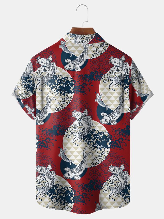Ukiyo-e Fish Chest Pocket Short Sleeve Shirt