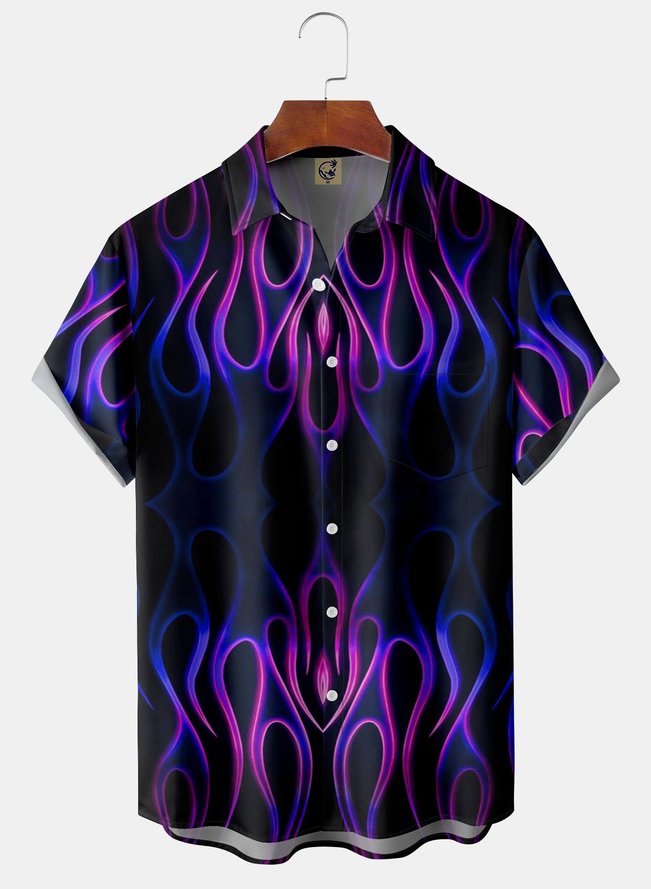 Asymmetric 3D Flame Chest Pocket Short Sleeve Casual Shirt