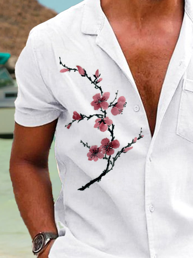 Ukiyoe Sakura Print Short Sleeve Casual Shirt