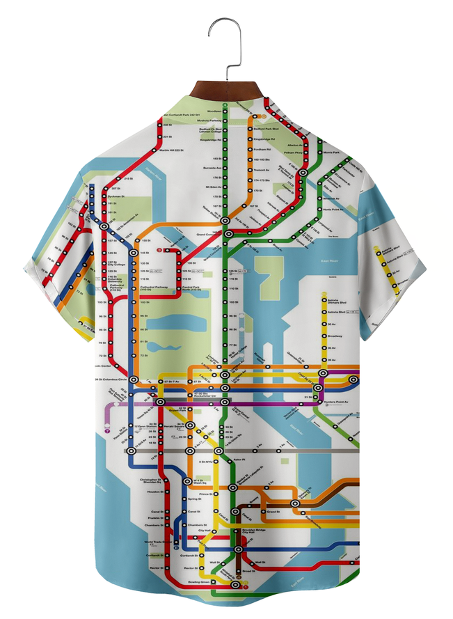 New York Metro Map Chest Pocket Short Sleeve Casual Shirt