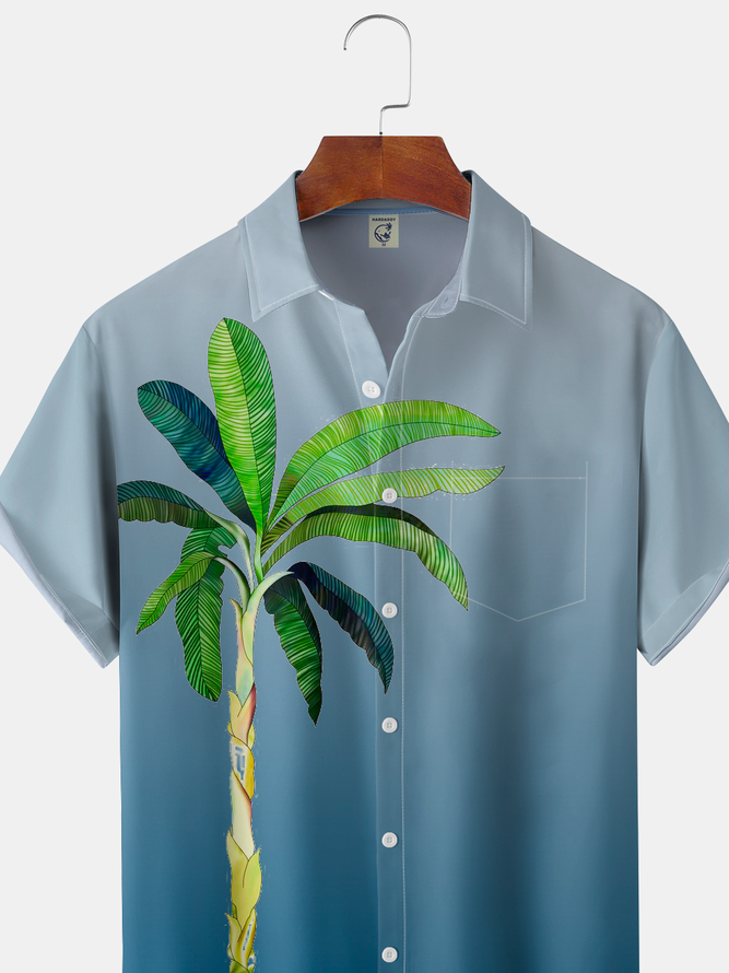 Gradient Palm Tree Chest Pocket Short Sleeve Vacation Shirt