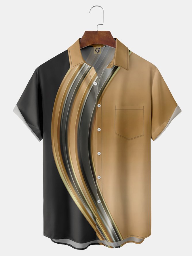 Color Block Lines Chest Pocket Short Sleeve Bowling Shirt