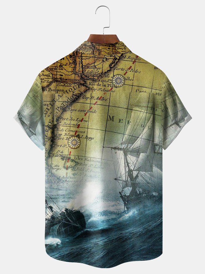 Map Sailboat Chest Pocket Short Sleeve Shirt